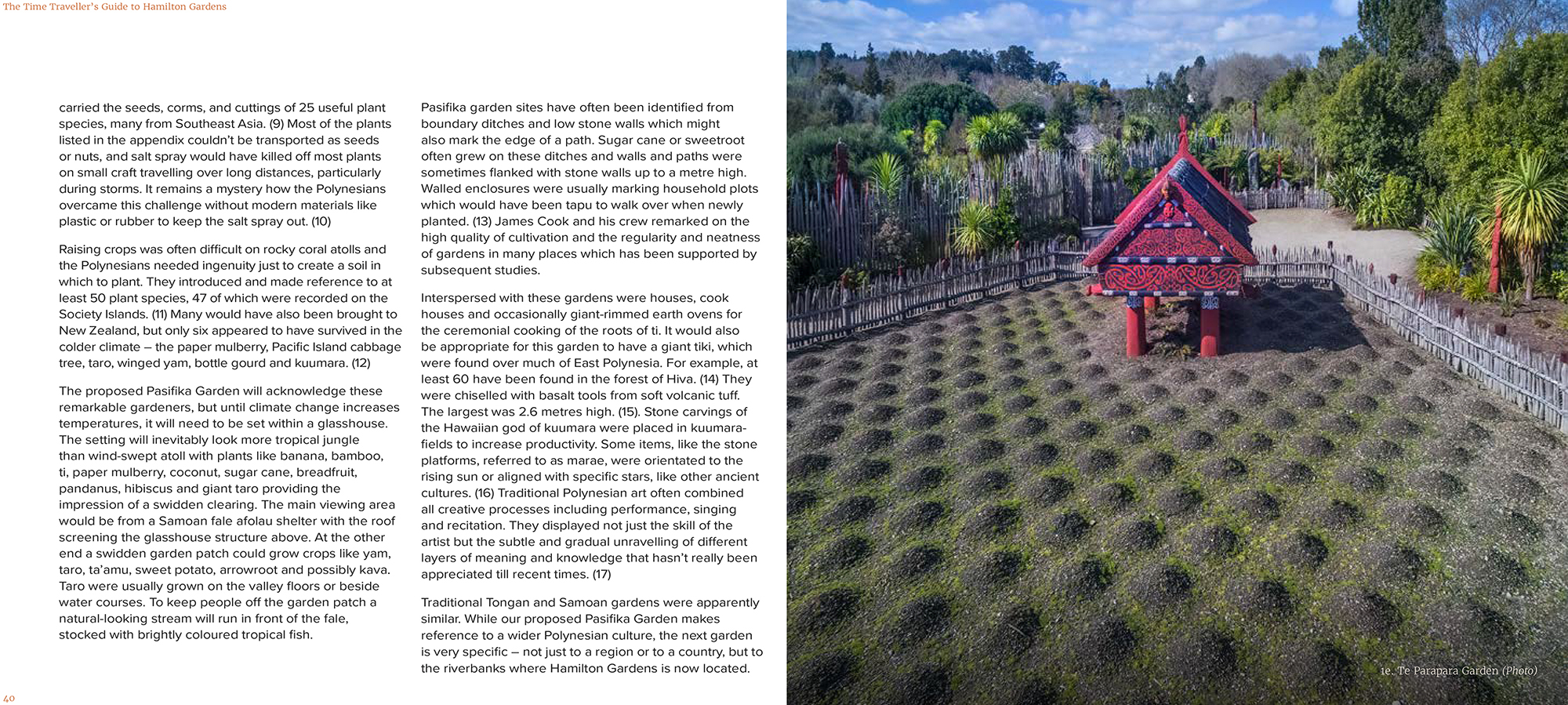 A double-page spread of two pages of a book. One side is two columns of text and the other half is a photo of a small red hut on stilts and a pattern of mounds in the earth in front of it.